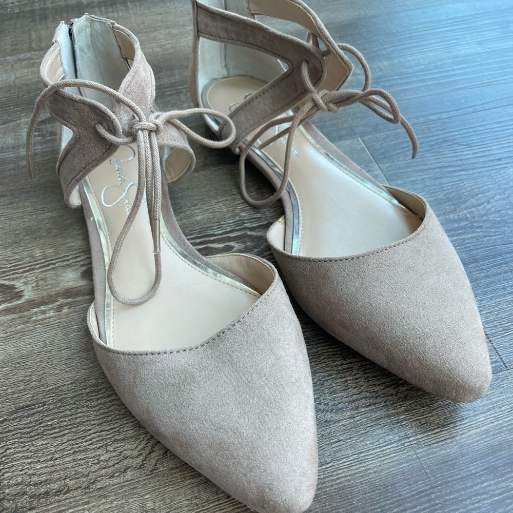 JESSICA SIMPSON Zofie Taupe Suede lace up ballet pointy toe flats
